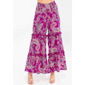 WOMEN'S SMOCK WAIST PAISLEY PRINT TIERED WIDE LEG PALAZZO PANTS